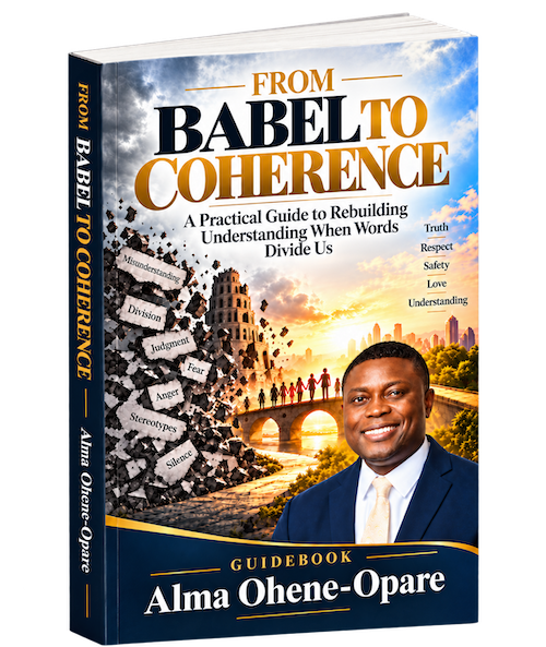 Cover of From Babel to Coherence. A stack of word blocks reading Truth, Harm, Fair, Respect, and Safe, with Safe as the foundation.