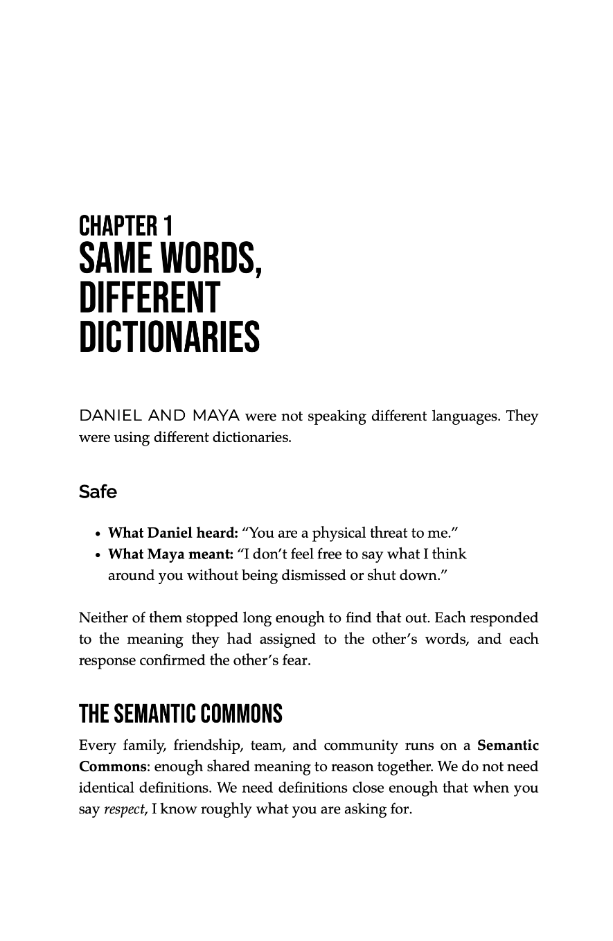 Sample page: Chapter 1, Same Words, Different Dictionaries, with a table comparing what Daniel heard and what Maya meant by the word safe.