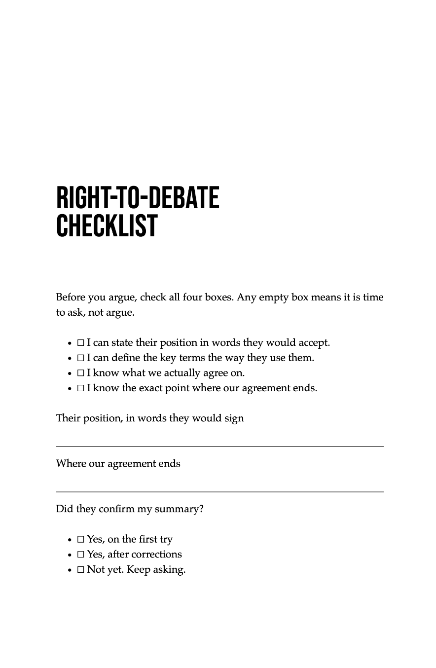 Sample page: the Right-to-Debate Checklist, with four checkboxes and space to write the other person's position.