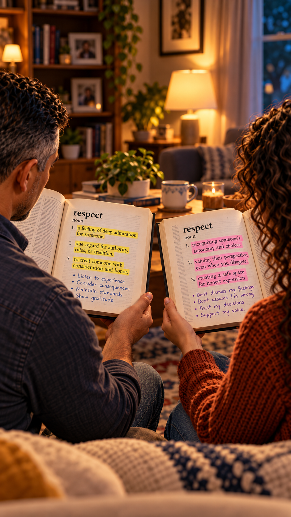 Daniel and Maya holding dictionaries with different definitions